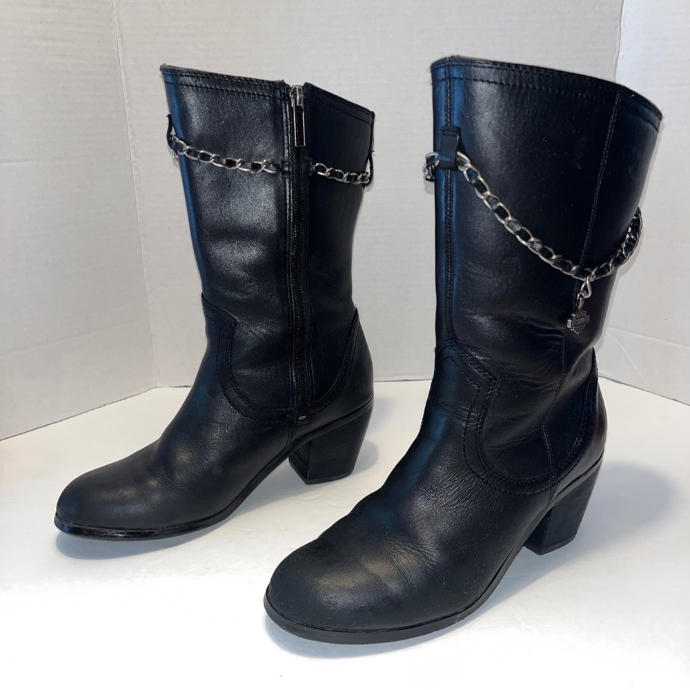 HARLEY-DAVIDSON Women’s Black Leather Mid-Calf Zip Up Boots, Size 8 M #D85438 - Picture 2 of 16